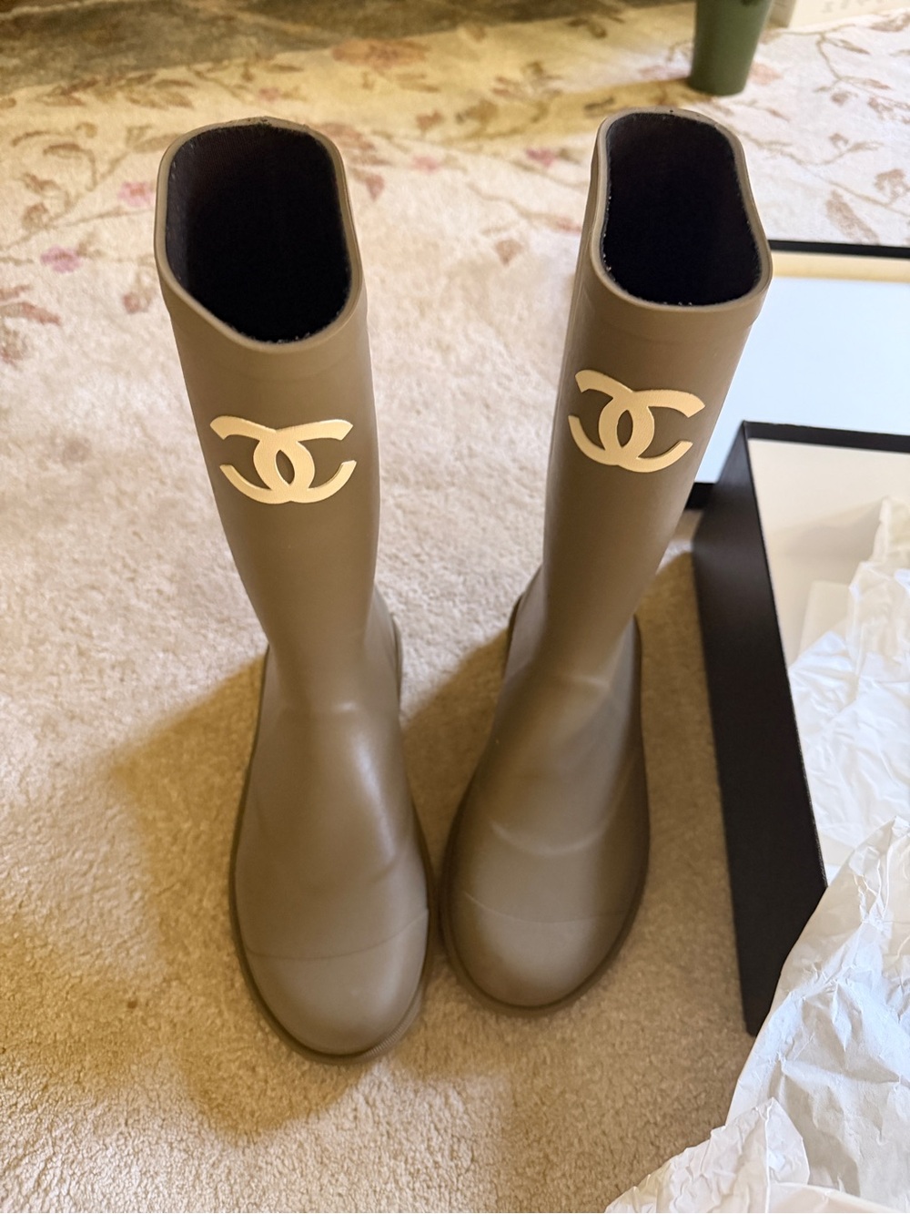 CHANEL Olive Green Tall Rubber Rain Boots with White CC Logo size 38